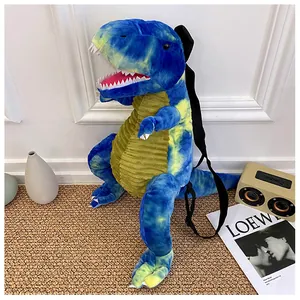Dettaglio dello zaino dinosauro di peluche blu per bambini, design a forma di T-Rex