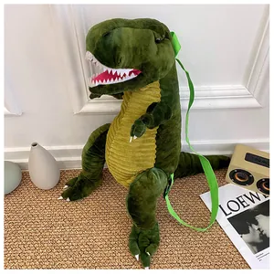 Grande zaino dinosauro verde in peluche per bambini con design T-Rex e tessuto morbido.
