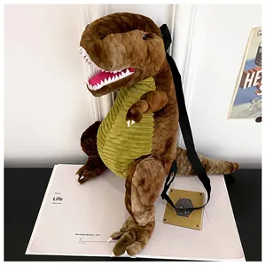 Dettaglio dello zaino in peluche T-rex marrone che mostra la trama e il design