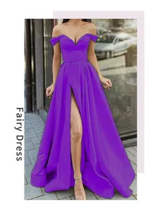 Elegant off-shoulder purple evening gown with V-neckline and high leg slit detail