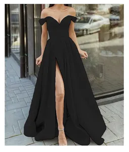 Elegant black off-shoulder evening gown with deep V-neck and high leg slit detail.