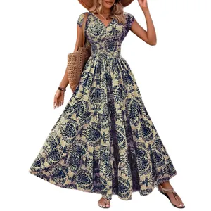 Robe longue bohème chic avec imprimé damassé vintage, col en V et jupe à volants