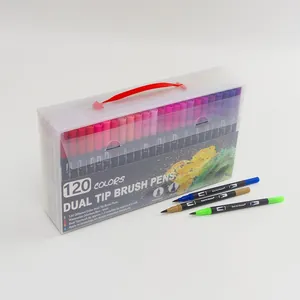 120 color dual tip brush pen set in a clear portable plastic case for art and sketching