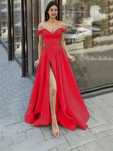 Red off-the-shoulder V-neck evening gown with sexy high slit and floor-length design