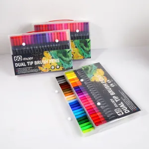 Detailed view of professional dual tip watercolor brush pen sets in 48 and 60 vibrant colors.