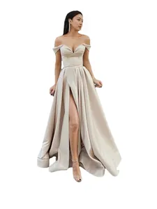 Elegant champagne off-shoulder V-neck evening gown with sexy high slit floor length