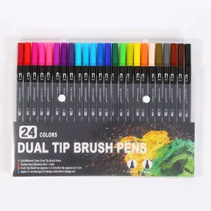 Detailed view of a 24-color dual-tip watercolor brush pen set with fine and brush tips