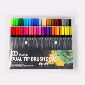 Detailed view of a 48 color dual tip brush pen set in a portable plastic case