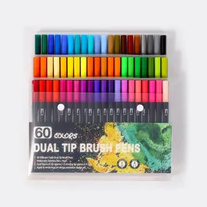 Complete 60-color dual tip brush pens set displayed in a clear portable storage case