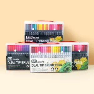 Professional 120 and 60 color dual tip watercolor brush pen sets for artists and students