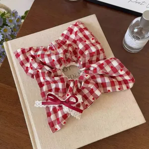 Close-up van een rode geruite haarelastiek met hartjes en kanten strik op een boek