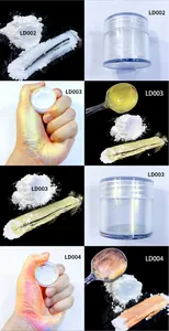 Comparison of LD002, LD003, and LD004 pearlescent powders shown on skin and metal spoons