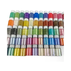 Large set of colorful pearlescent mica powders in jars for resin art and slime DIY