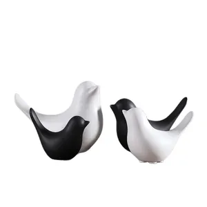 Juego de 4 figuras de pájaros de cerámica minimalistas en blanco y negro para casa