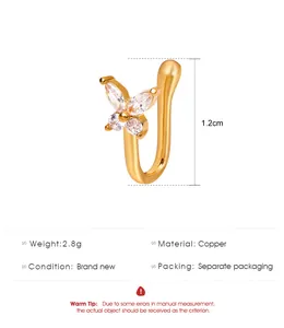 Close-up detail of a gold butterfly fake nose ring with marquise stones and 1.2cm size