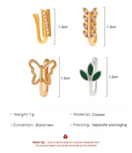 Set of four U-shaped faux nose rings in butterfly and leaf designs with dimensions