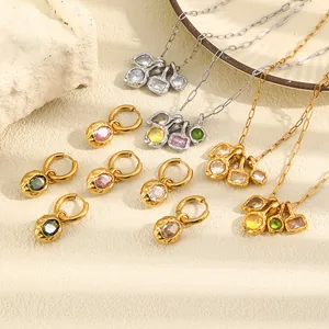 French style stainless steel 18K gold necklace and hammered zircon hoop earrings set