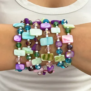 Boho Retro Colorful layered shell bead bracelet set with multi-color crystal glass beads