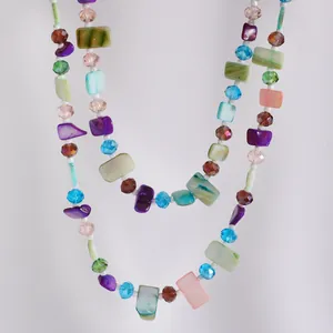 Macro detail of retro colorful beaded necklace with mixed shell and faceted glass beads
