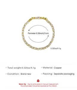 Detailed view of a gold-plated copper tennis bracelet with rectangular crystals and dimensions