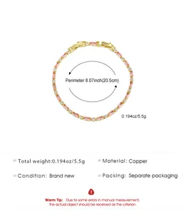 Detailed view of pink crystal bracelet with 8.07 inch perimeter and copper material specs