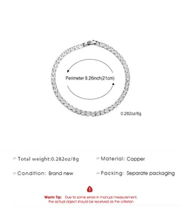 Specifications of a silver tennis bracelet with clear rhinestones and copper material.