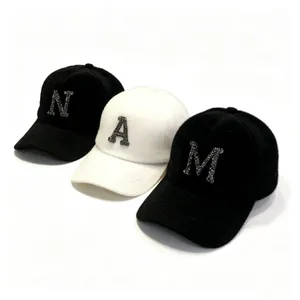 Warm Mohair Baseball Cap For Women Kids Rhinestone Alphabet Embroidered Winter Hat Adjustable Fashion Curved Brim Sun Hat