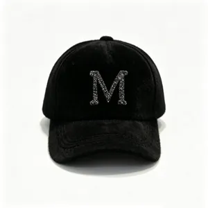Elegant black plush winter baseball cap with a sparkling rhinestone letter M ornament