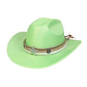 Chapeau de cowboy vert néon pour hommes avec bandeau décoratif étoilé et bord large courbé