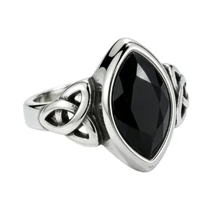 Vintage Celtic Viking ring with black marquise gemstone in durable stainless steel