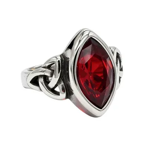Vintage Viking Celtic knot stainless steel ring featuring a marquise red gemstone