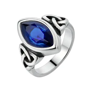 Nordic Viking Celtic ring featuring marquise blue gemstone set in silver titanium steel