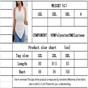 Size chart for white halter neck sleeveless plus size tank top with asymmetrical hem