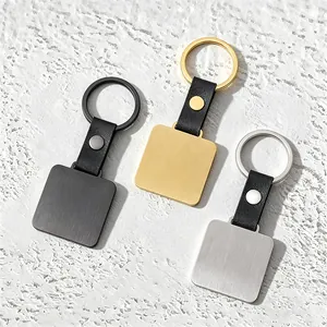 Minimalist Stainless Steel Square Metal Keychain With Leather Strap Blank DIY Laser Engraving Key Ring Holder For Men Women