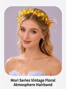 Close-up of a forest-style floral headband with yellow artificial flowers on a model