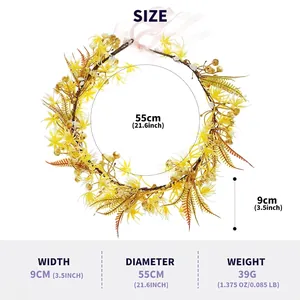 Dimensions of the yellow forest style floral crown showing diameter and weight