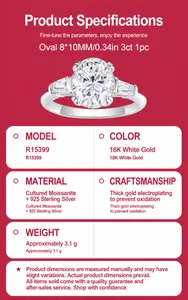 Oval moissanite ring with trapezoid side stones in S925 sterling silver, white gold plated. (89 chars)