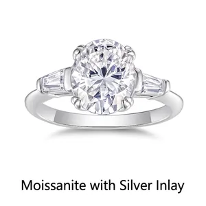 Oval Moissanite 925 Sterling Silver Ring Three Stone Design With Trapezoid Side Stones Wedding Engagement Ring For Women
