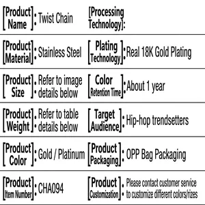 Detailed product specifications table for 18K gold plated twisted chain necklace