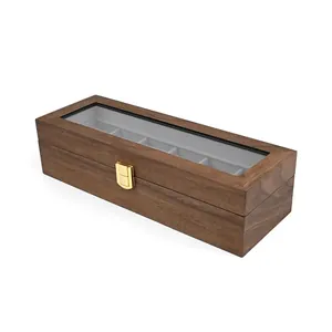 Zijaanzicht detail van een premium 6-slots walnotenhouten horlogedoos met glas.