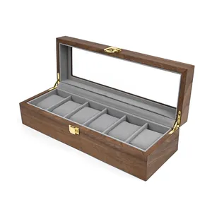 Luxe vintage houten horlogedoos met 6 compartimenten en helder glazen displaydeksel