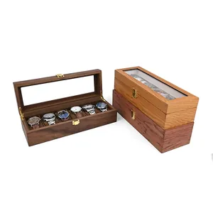 Set van drie vintage houten horlogedozen met 6 slots en transparant glazen venster