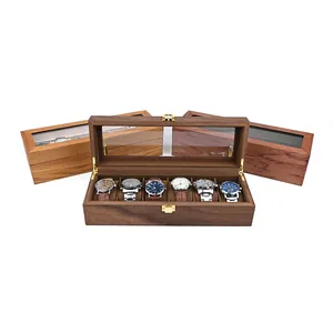 Detail van 6-slots houten horlogedoos met walnootafwerking en verschillende houtvarianten.