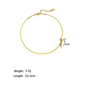 Gold titanium steel bow choker necklace featuring a flat snake chain and extension link