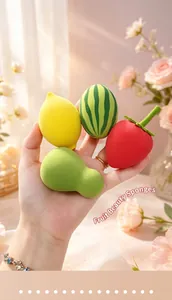 Fruit-shaped makeup sponge set including strawberry, lemon, and watermelon designs