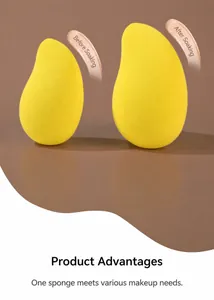 Mango-shaped beauty blender sponge size comparison before and after soaking in water.