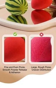 Macro view comparing fine and coarse pores of fruit-shaped beauty sponges