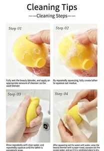 Detailed four-step cleaning guide for the yellow lemon shaped fruit makeup sponge