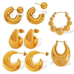 Collection of polished gold stainless steel earrings in geometric C-shape and teardrop styles