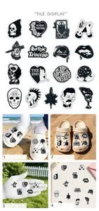 Detailed macro shots of gothic black and white shoe charms for customized DIY clogs